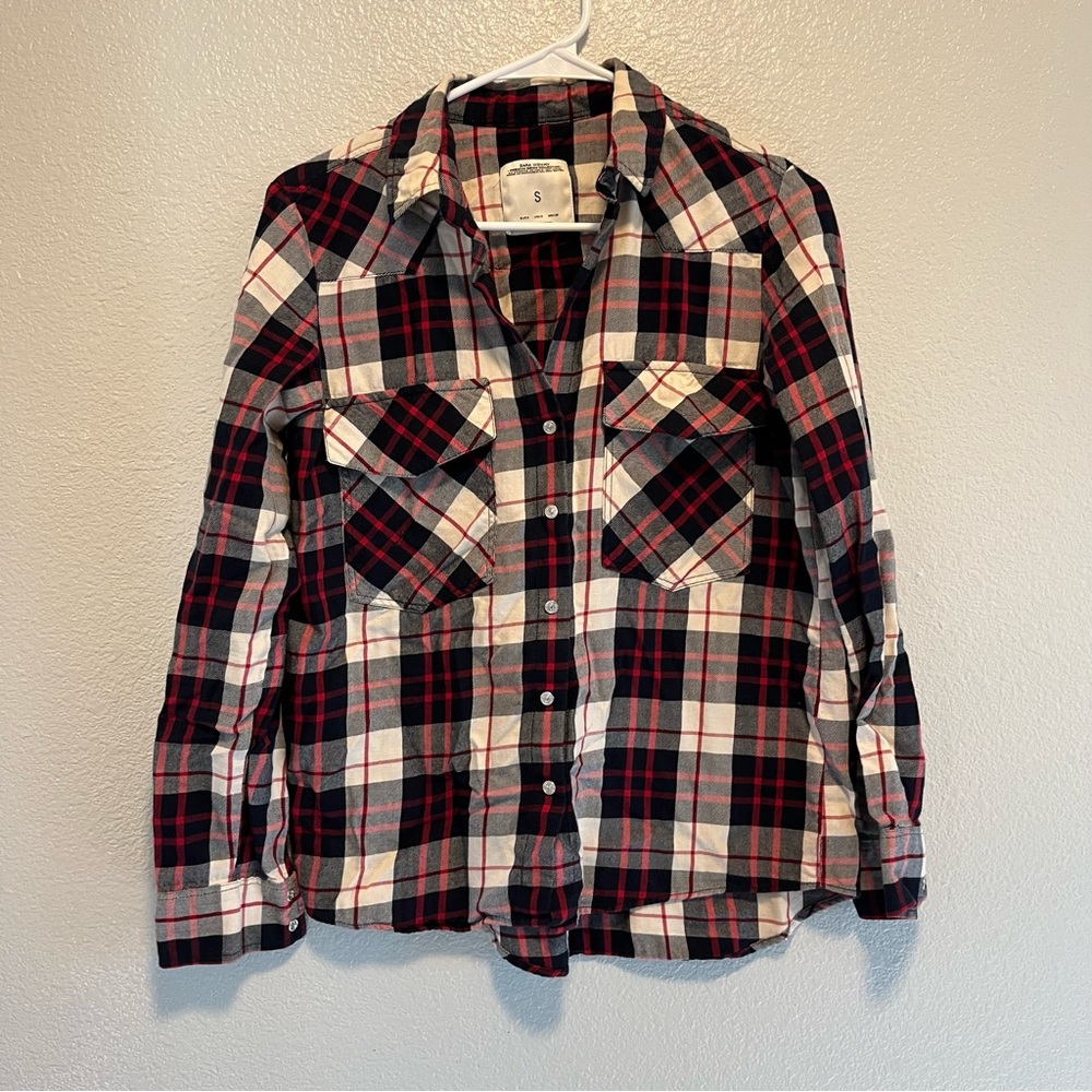 Zara Basic Red Black White Button Front Plaid Shi… - image 1